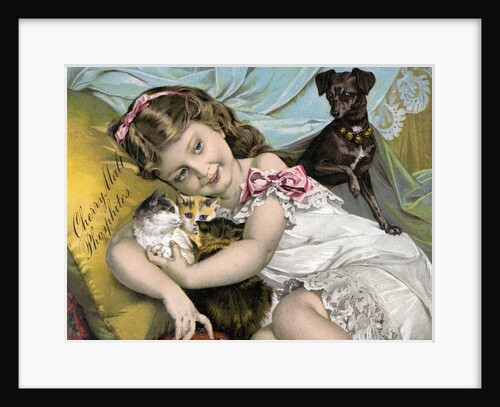 Young girl cuddling pets by Anonymous