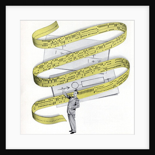 Vintage 1950s illustration of businessman with computer punch tape by Anonymous