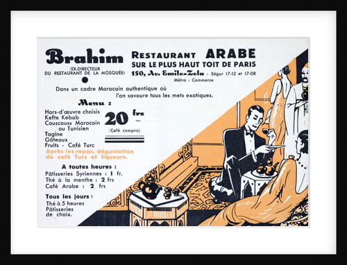 Flyer for the Moroccan restaurant Brahim showing women in inter-war dresses in a room with Middle-Eastern furniture and decor by Anonymous
