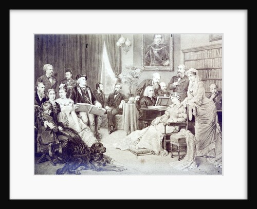 1870's musical soirée. List is at the piano and Wagner is reading the score. Other musicaians and their families are gathered around. by Anonymous