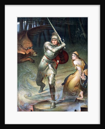 St. George resucing a handcuffed maiden threatened by a dragon. From a painting by Halle, published in Boy's Own Paper c 1905. by Anonymous