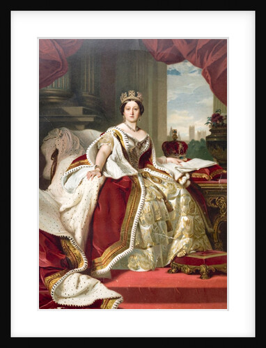 Painting by Winterhalter of Queen Victoria in her state robes. Westminster Abbey and the palace of Westminster can be seen in the background. by Anonymous