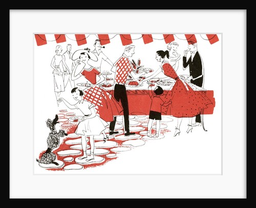 Vintage illustration of neighbors at backyard buffet by Anonymous