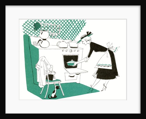 Illustration of housewife placing casserole in oven by Anonymous