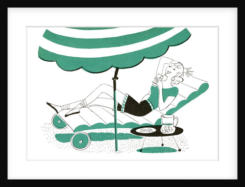 Illustration of a young woman relaxing in chaise longue by Anonymous