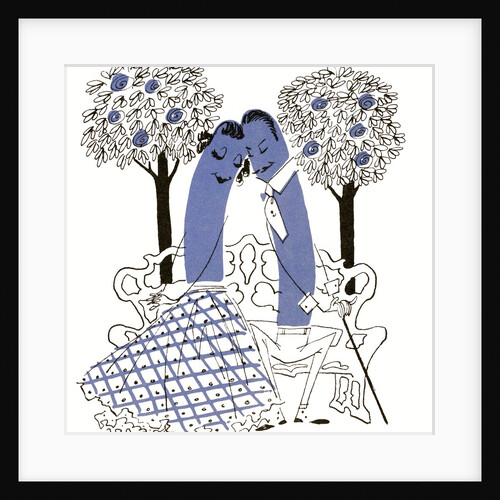 Illustration of romantic hot dog couple sitting on a park bench by Anonymous