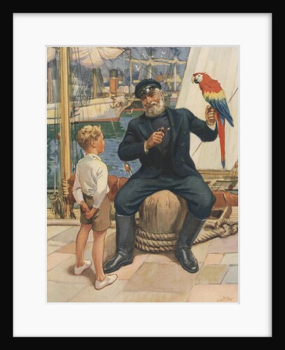 Little boy talking to sailor with parrot by Anonymous
