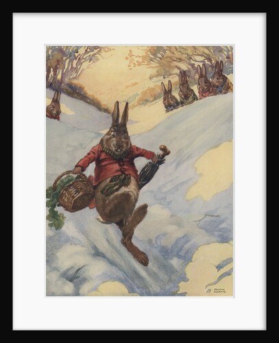 Rabbit carrying basket sliding down snow bank by Anonymous