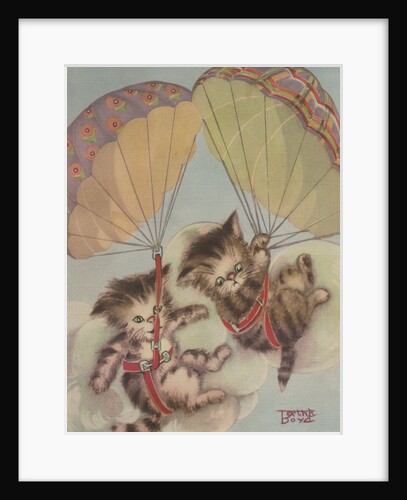 Two kittens floating down in parachutes by Anonymous