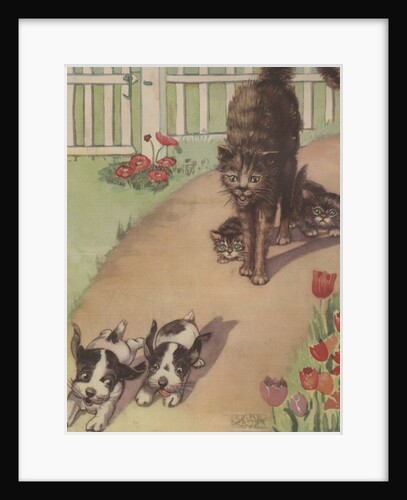 Mama cat chasing puppies away from her kittens by Anonymous