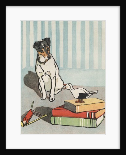 Dog looking at toy duck by Anonymous