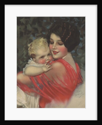 Woman in red holding baby by Anonymous