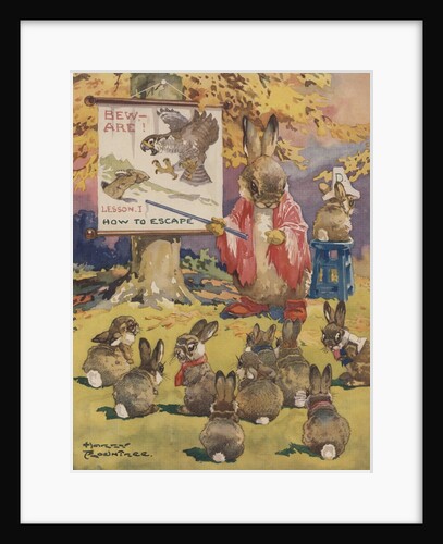 Rabbit teacher instructing young rabbits on how to escape danger by Anonymous