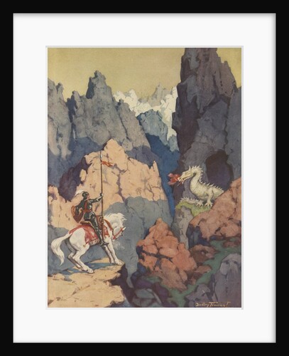 Knight on horse encountering dragon in mountains by Anonymous