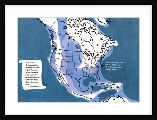 Illustration of North American landmass covered by seas during the Cretaceous Period. by Anonymous