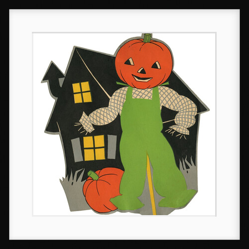 Pumpkin scarecrow and haunted house by Anonymous