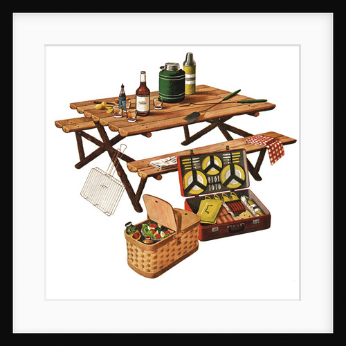 Picnic table with picnic basket and dish set by Anonymous