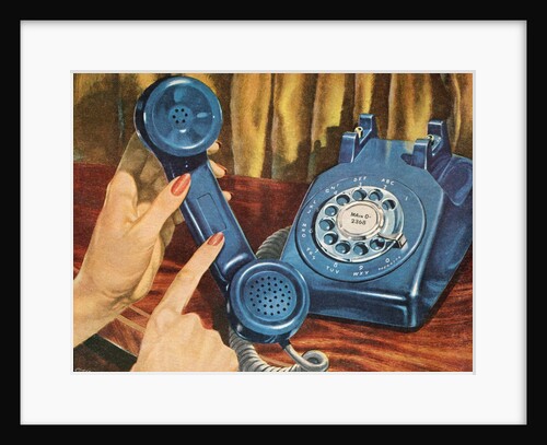 Hand holding blue rotary telephone receiver by Anonymous
