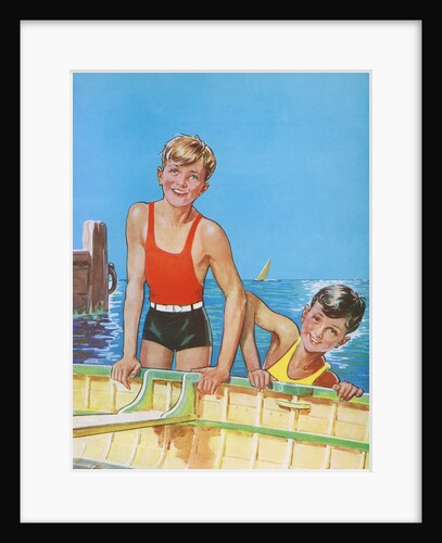 Two young boys playing in wooden boat by Anonymous