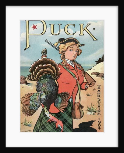 Woman hunter holding a Thanksgiving turkey by Anonymous