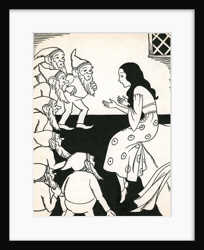 Snow White explaining her predicament to the seven dwarfs by Anonymous