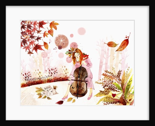 The image of woman playing cello with fall background by Anonymous