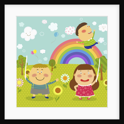 The image of children playing in the garden with rainbow by Anonymous
