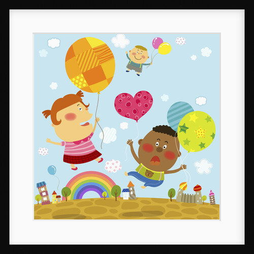 The image of children flying with colorful balloon by Anonymous