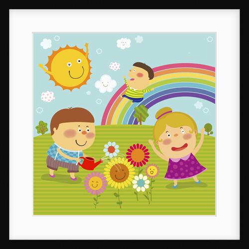 The image of children playing in the garden with rainbow by Anonymous