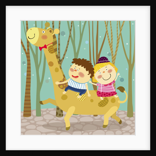 The image of children riding on the giraffe by Anonymous