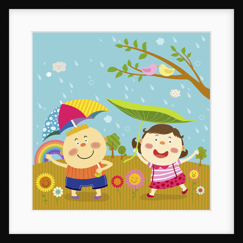 The image of children playing with umbrella in the rain by Anonymous