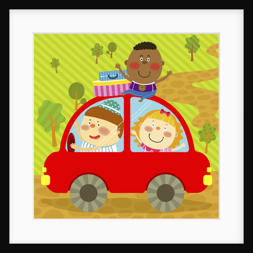 The image of children riding on the red car by Anonymous