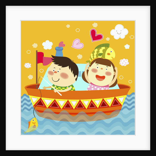 The image of children fishing on the boat by Anonymous