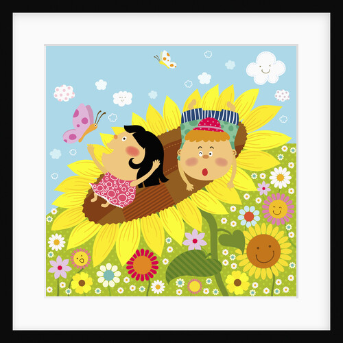 The image of children playing on the yellow sunflower by Anonymous