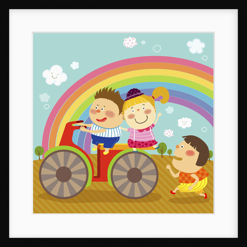 The image of children riding on the red motorcycle by Anonymous