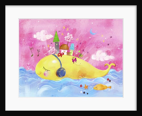 The image of town on whale listening to music by Anonymous