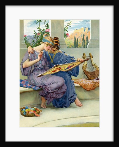 Two Greek beauties sewing on a terrace by Anonymous