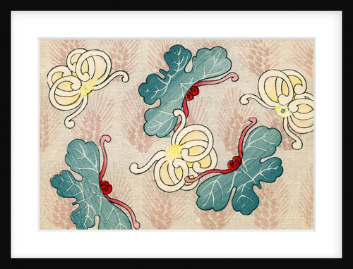 Woodblock print of vines and tendrils on a background of wheat by Anonymous