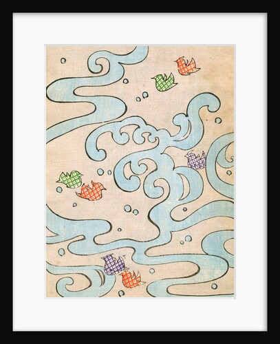 Woodblock print of stylized birds flying over water by Anonymous