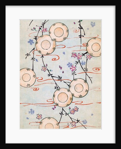 Woodblock print of lanterns in a blooming cherry tree by Anonymous