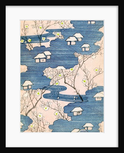 Woodblock print of country cottages with rivers and cherry blossoms by Anonymous