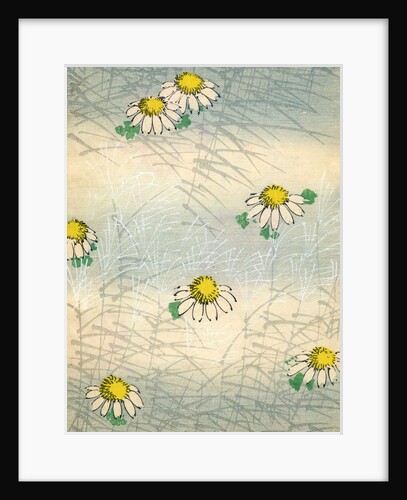 Woodblock print of daisy blossoms and grass by Anonymous