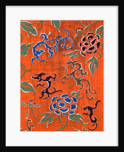 Woodblock print of dragon motifs and chrysanthemum blossoms by Anonymous
