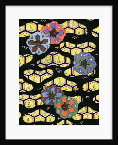 Woodblock print of flowers on a honeycomb background by Anonymous