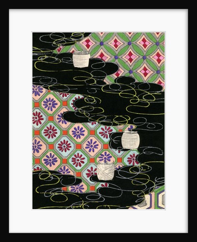 Woodblock print of paper lanterns on a river by Anonymous