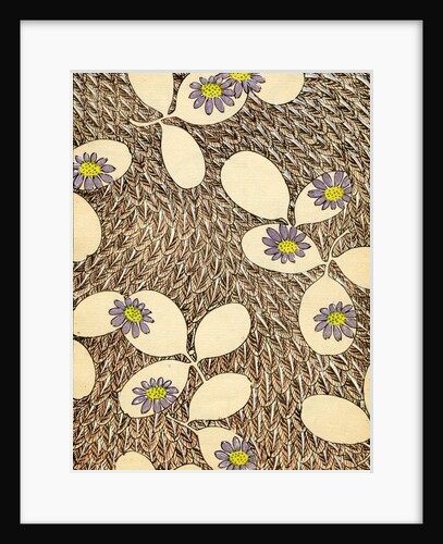 Woodblock print of leaves and blossoms on a feather background by Anonymous