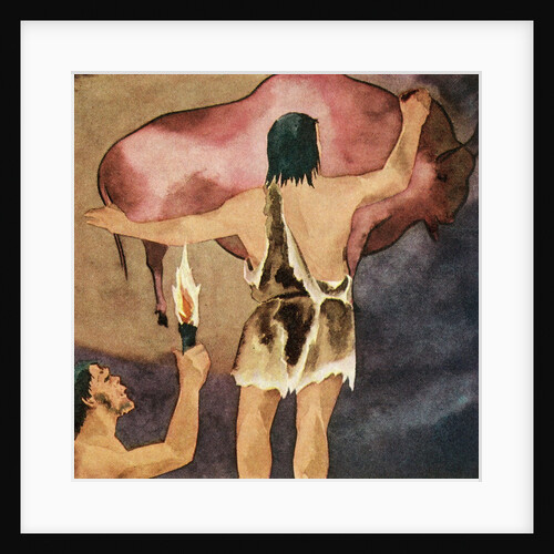 Prehistoric man drawing bison in a cave by Anonymous