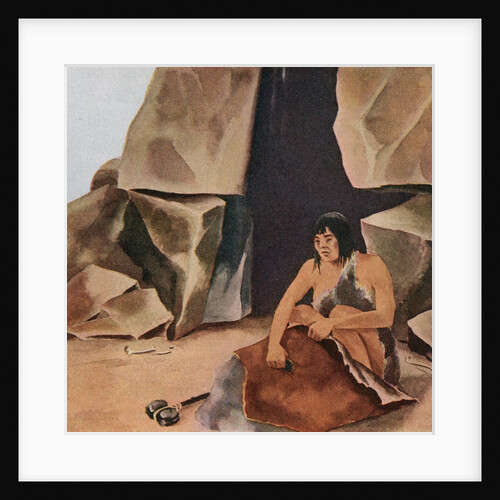 Prehistoric caveman scraping hide at his cave by Anonymous