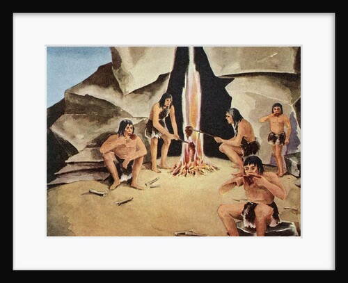 Prehistoric family eating meal by their cave by Anonymous