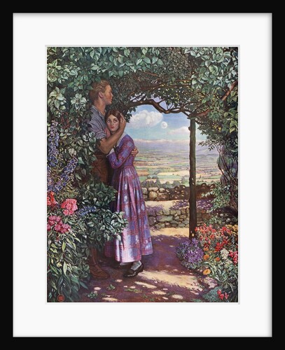 Young man embracing his love in a flower garden by Anonymous